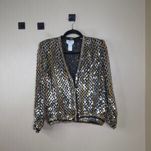 Vintage Flagg Petites Full Sequin Bomber Jacket Gold Silver Size LP